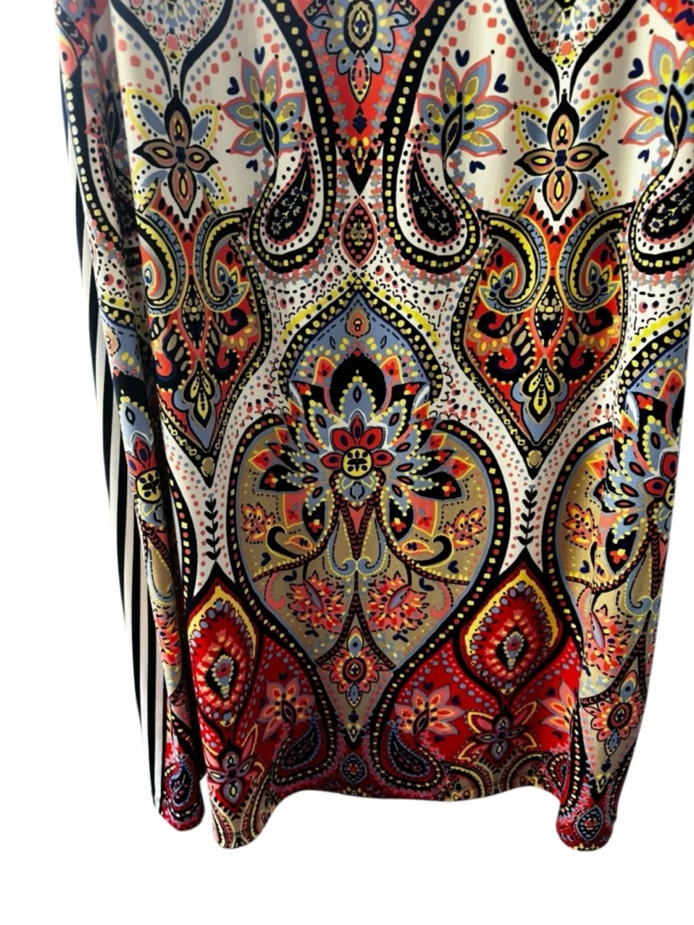 Maggy L Office Dress Sz 16 Paisley Red Coral Navy Front Navy White Striped Back